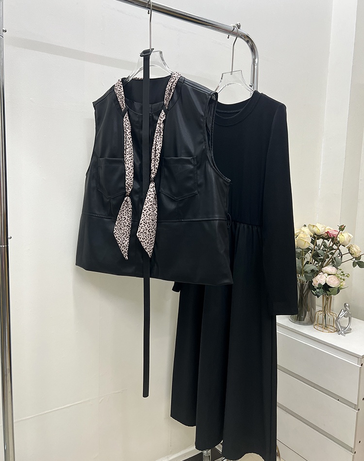 PU with belt waistcoat autumn long T-shirt 4pcs set