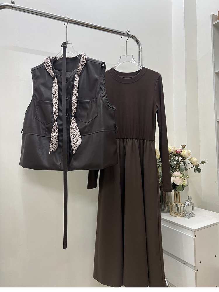 PU with belt waistcoat autumn long T-shirt 4pcs set