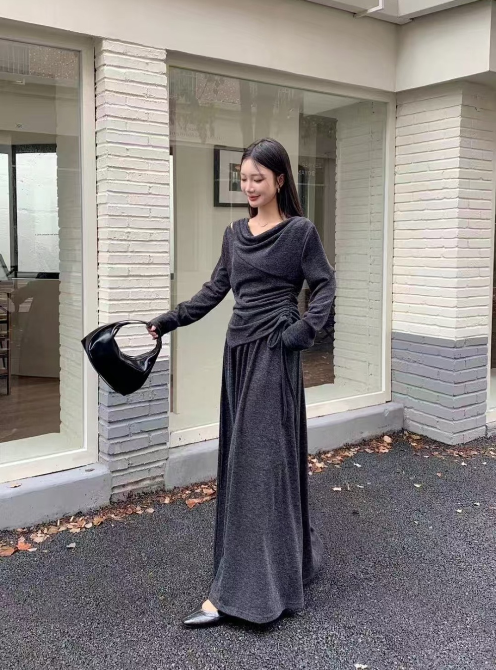 Korean style drape neck autumn and winter skirt 2pcs set