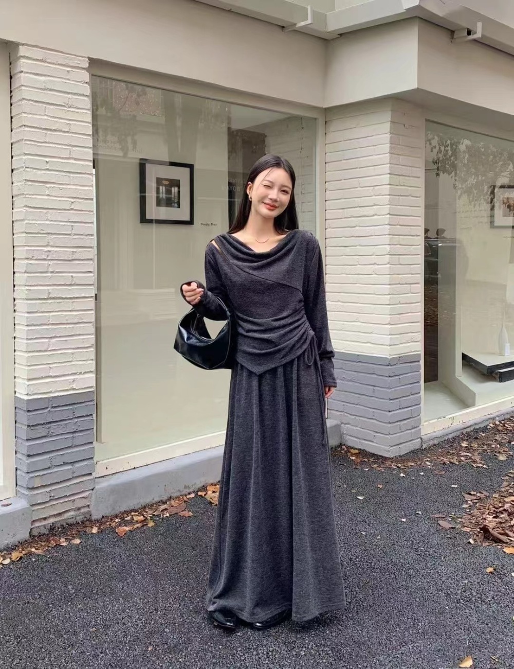 Korean style drape neck autumn and winter skirt 2pcs set