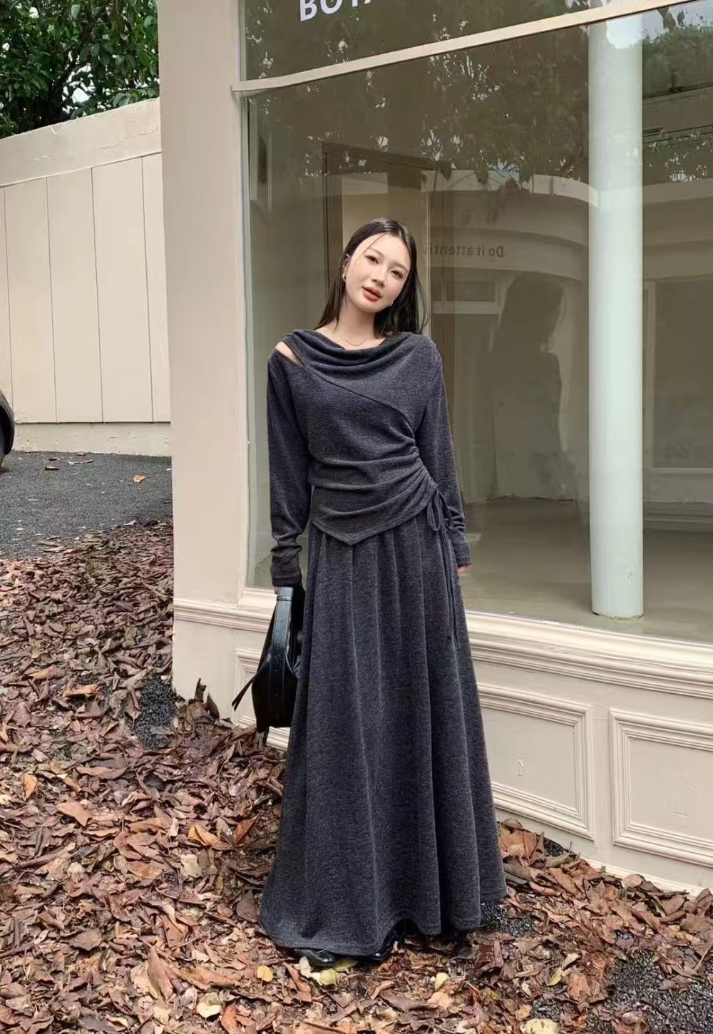 Korean style drape neck autumn and winter skirt 2pcs set