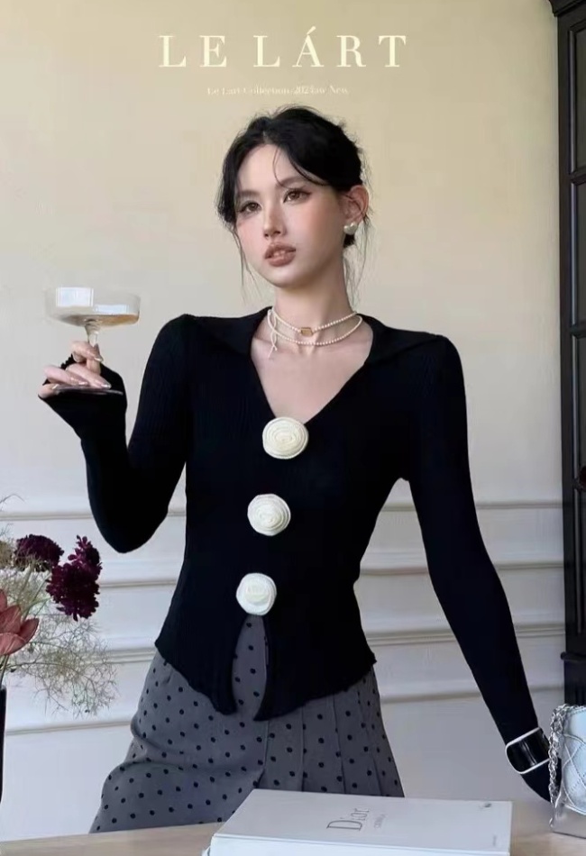 Lapel enticement sweater temperament slim tops