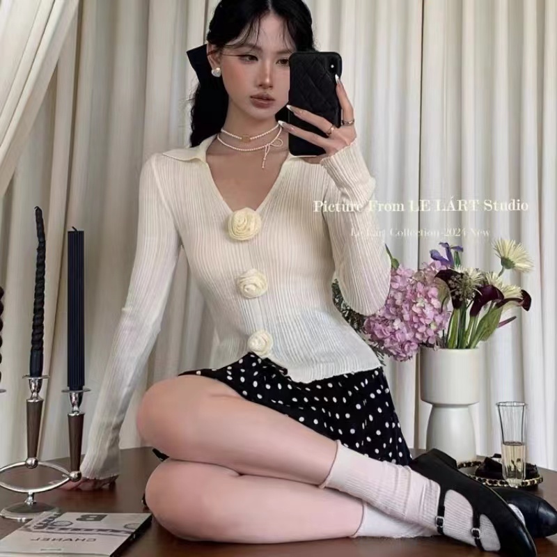 Lapel enticement sweater temperament slim tops