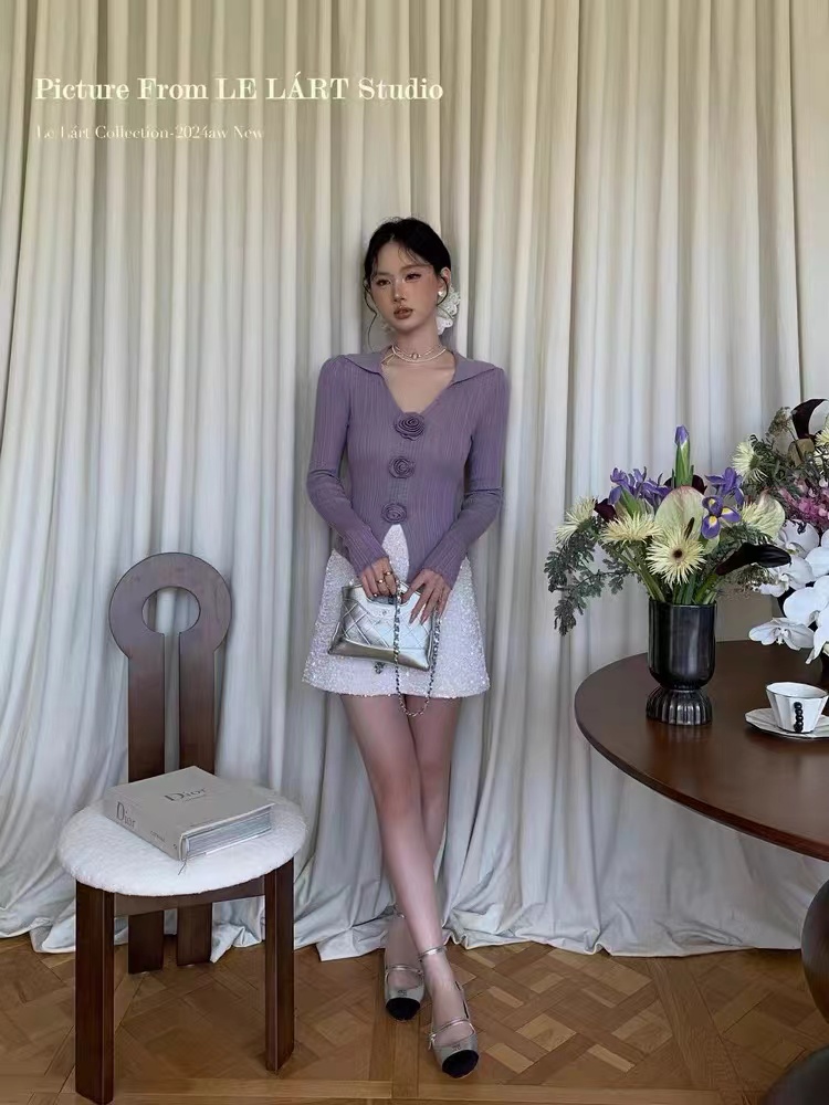 Lapel enticement sweater temperament slim tops