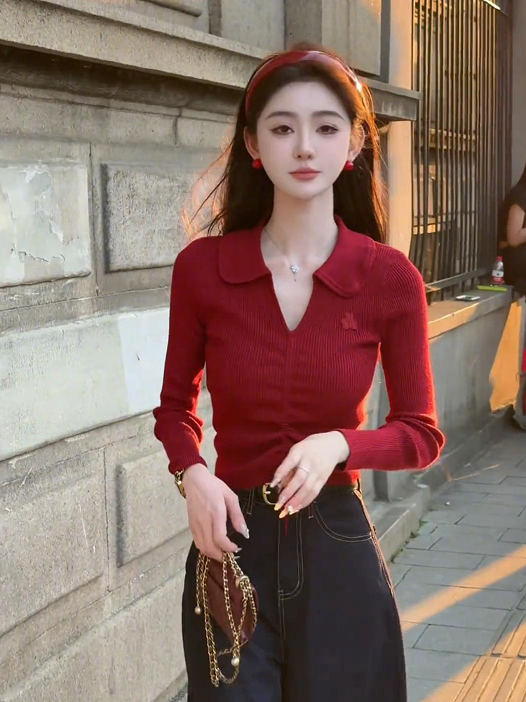 Autumn short sweater red tops for women