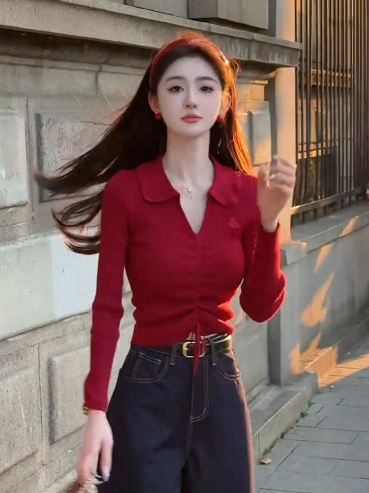 Autumn short sweater red tops for women