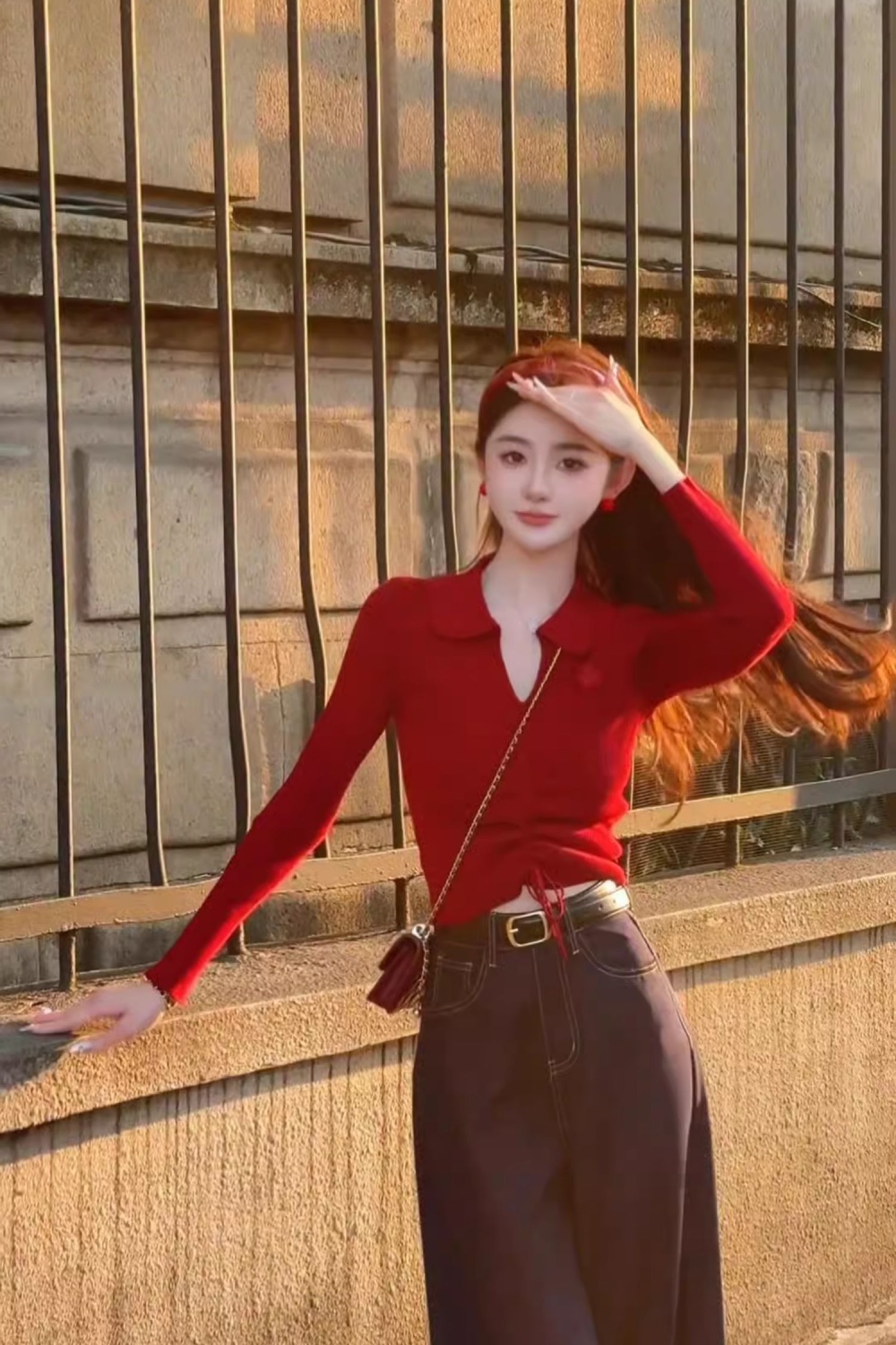 Autumn short sweater red tops for women