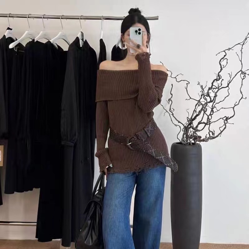 Pinched waist holes tops strapless sweater for women