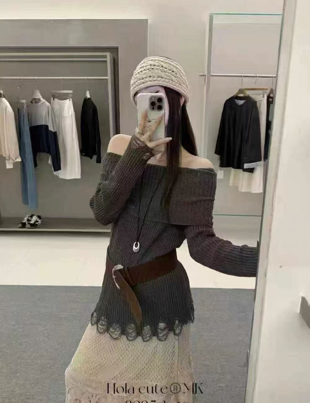 Pinched waist holes tops strapless sweater for women