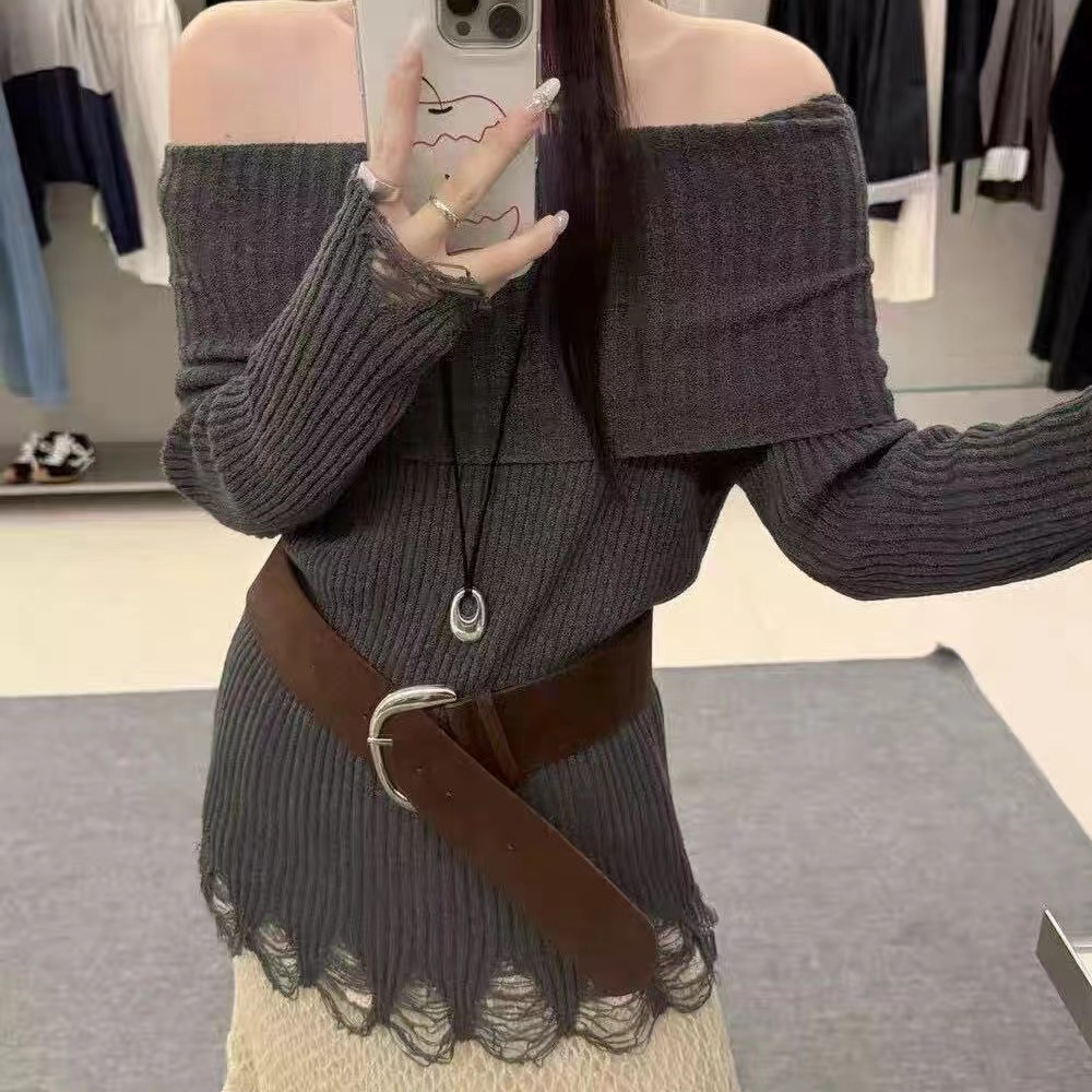 Pinched waist holes tops strapless sweater for women