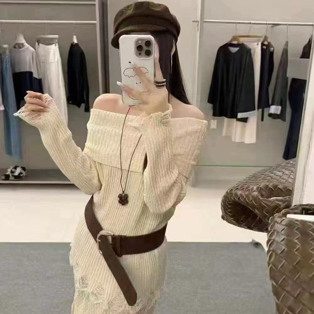 Pinched waist holes tops strapless sweater for women