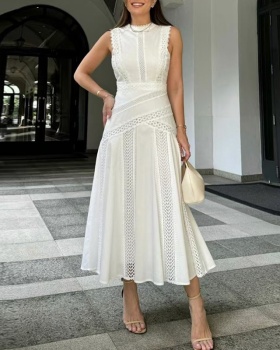 Splice France style retro round neck lace summer dress