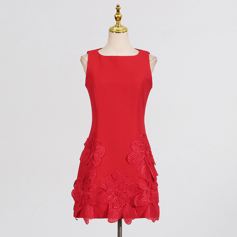 France style round neck T-back stereoscopic sleeveless dress