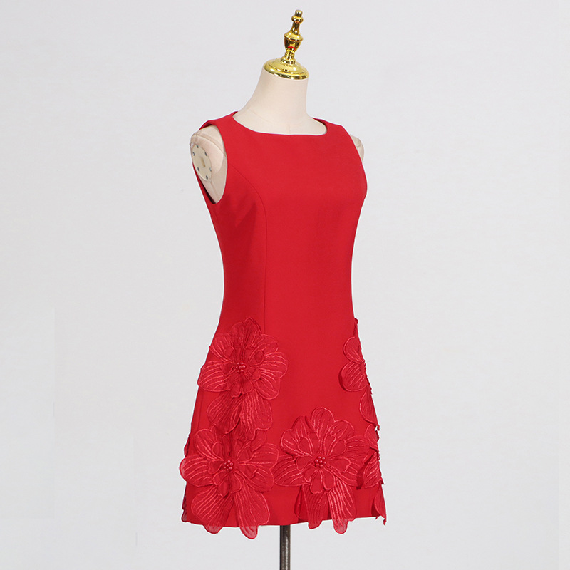 France style round neck T-back stereoscopic sleeveless dress