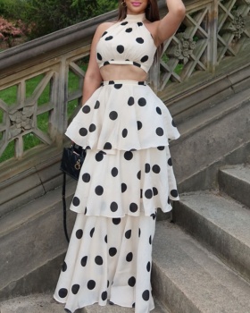Polka dot high waist skirt lotus leaf vest a set for women