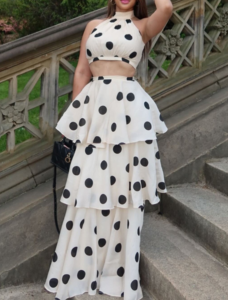 Polka dot high waist skirt lotus leaf vest a set for women