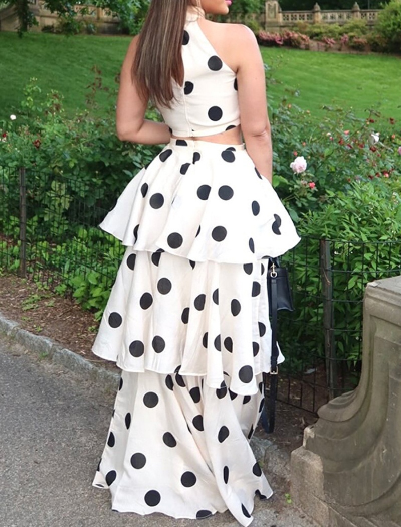 Polka dot high waist skirt lotus leaf vest a set for women