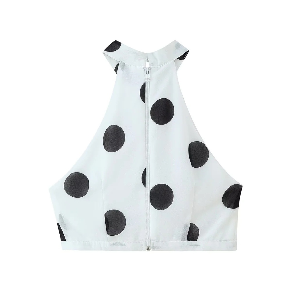 Polka dot high waist skirt lotus leaf vest a set for women