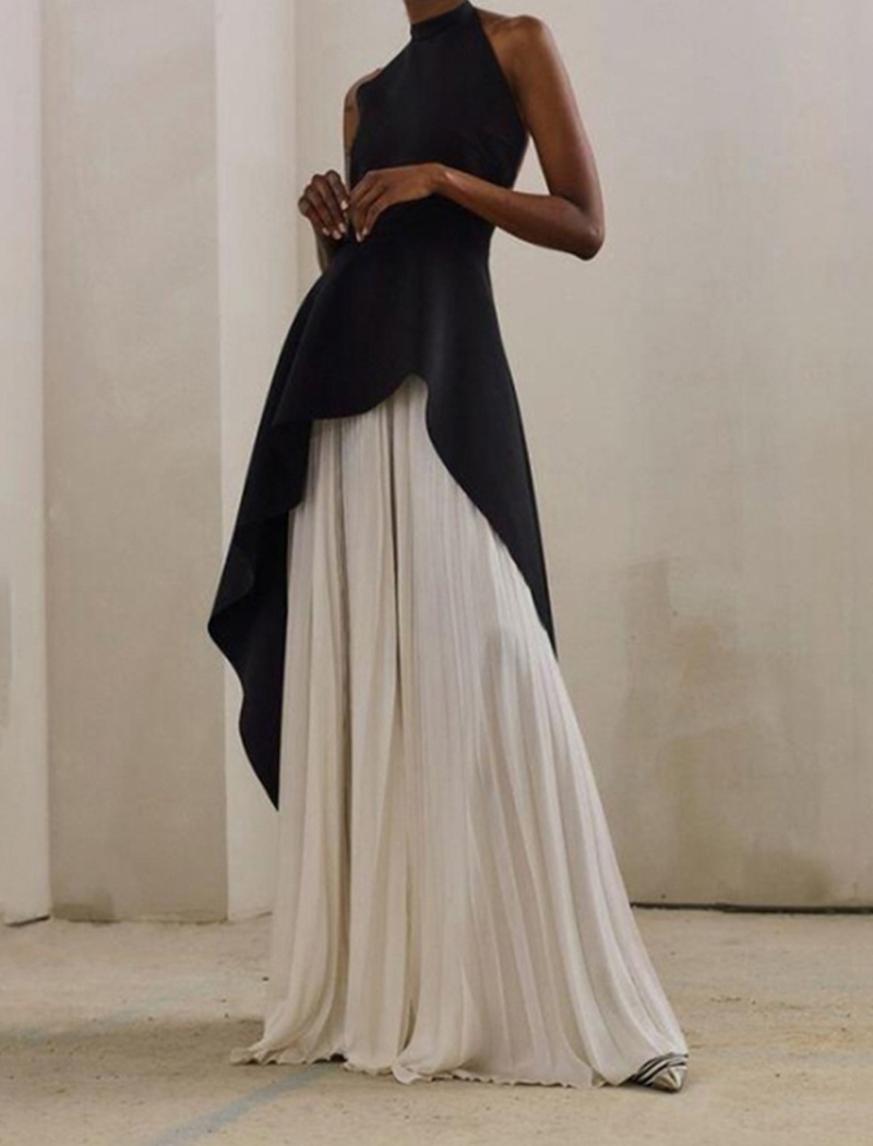 Round neck fashion pinched waist slim summer dress 2pcs set