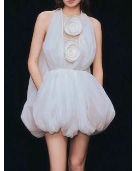 France style round neck T-back retro dress for women