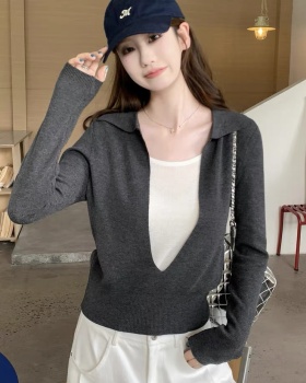 Pseudo-two U-neck shirts mixed colors tops for women