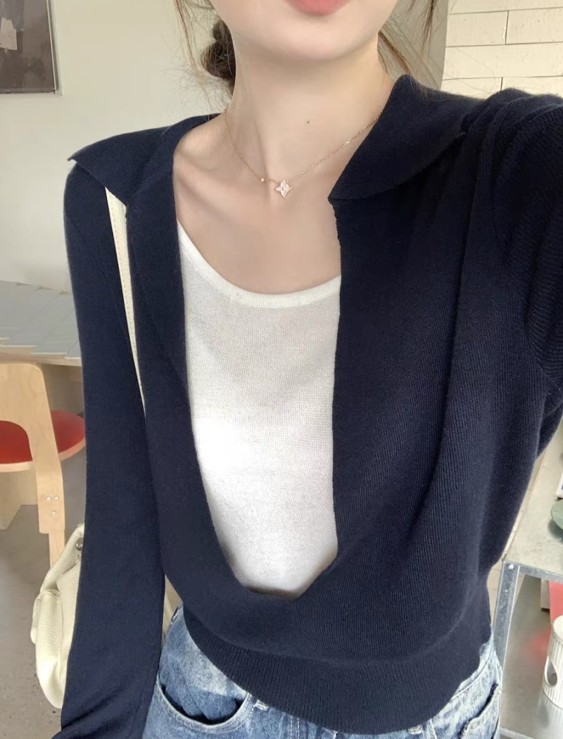 Pseudo-two U-neck shirts mixed colors tops for women