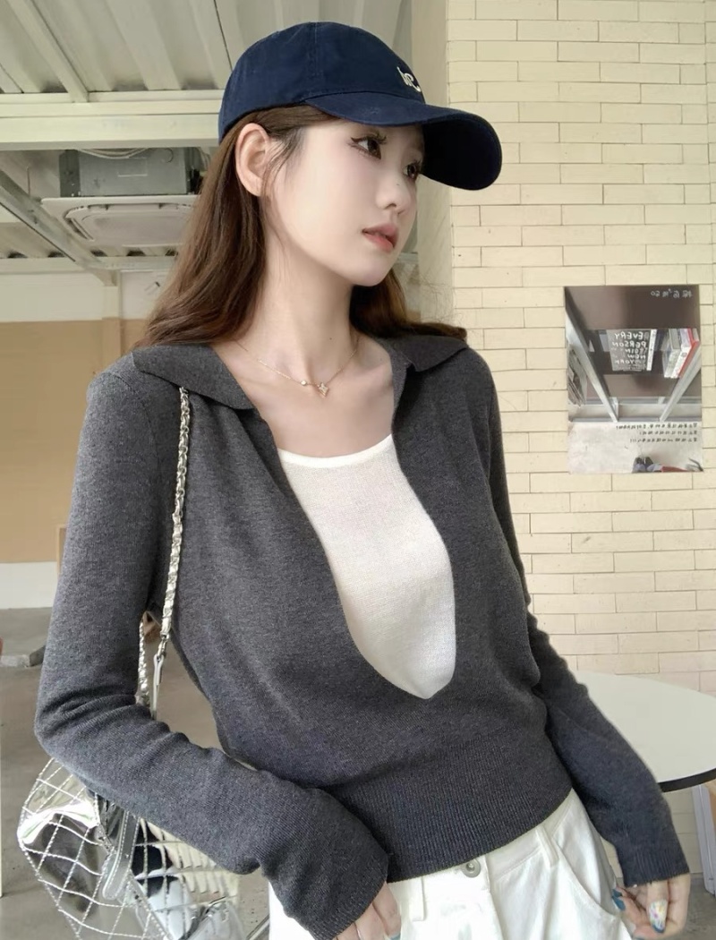 Pseudo-two U-neck shirts mixed colors tops for women