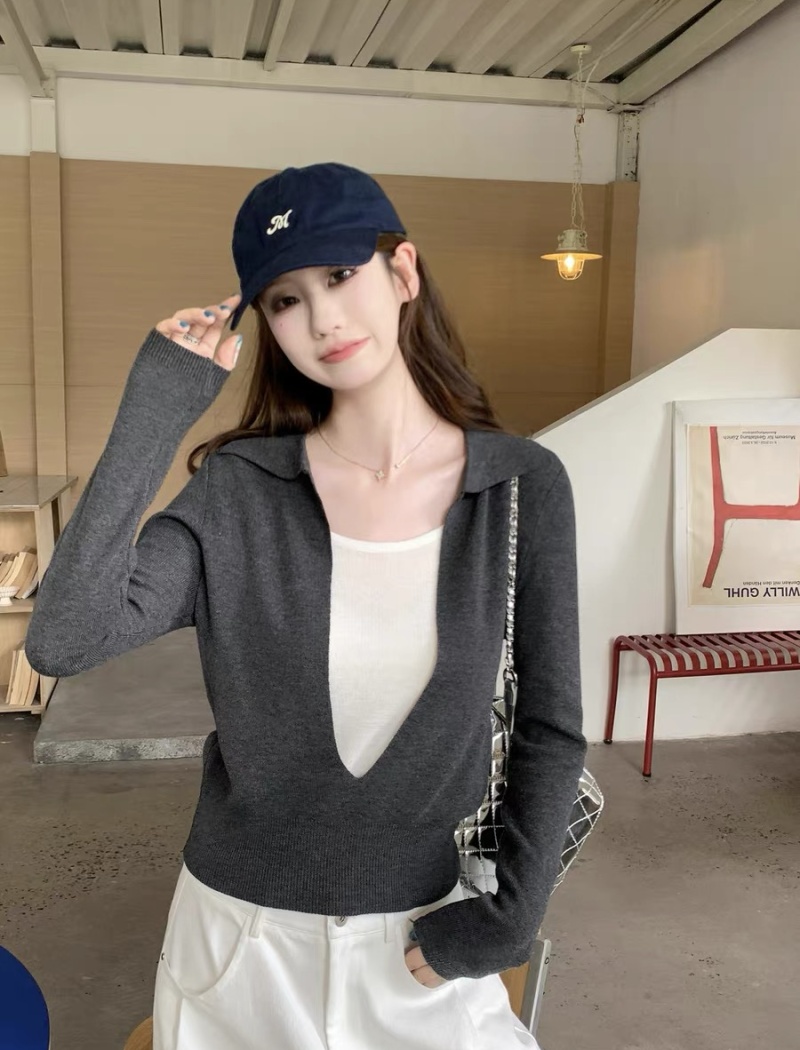 Pseudo-two U-neck shirts mixed colors tops for women
