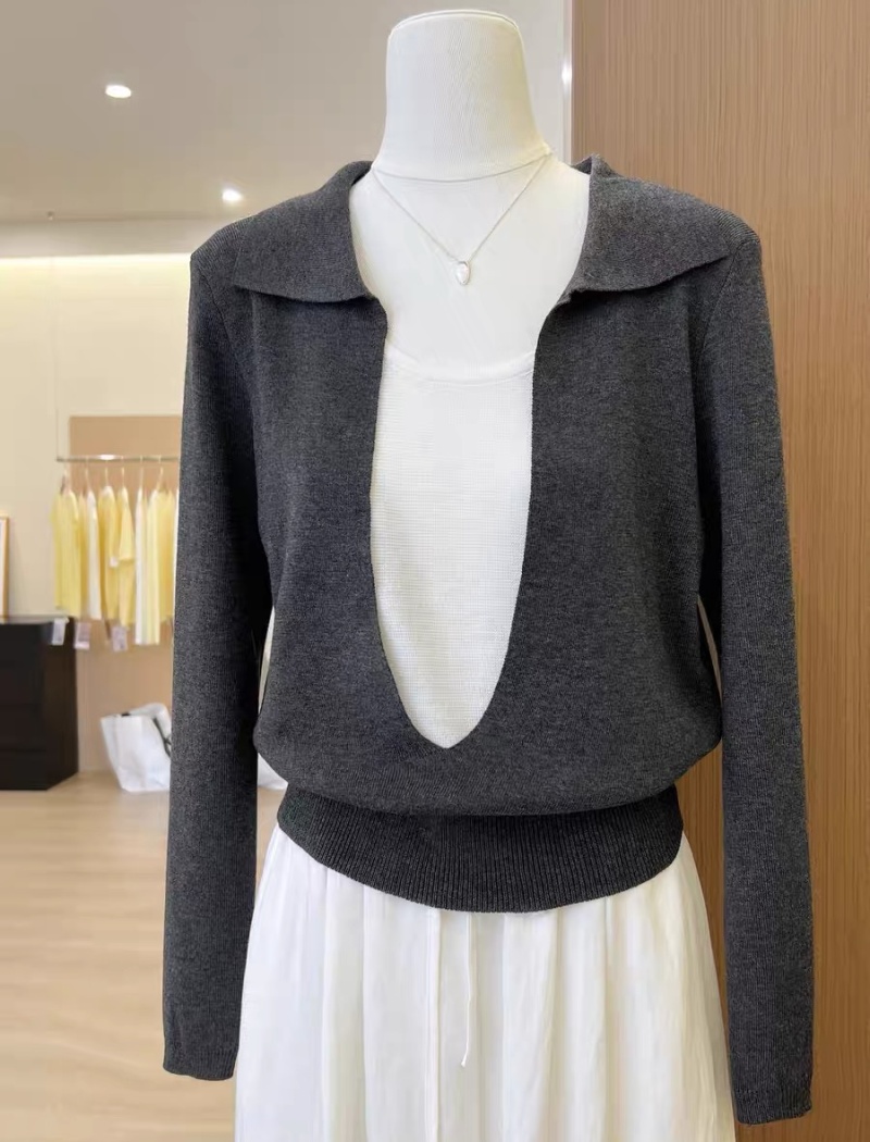 Pseudo-two U-neck shirts mixed colors tops for women