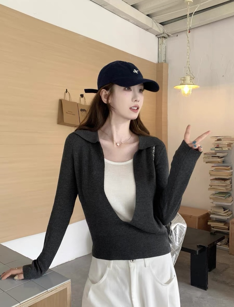 Pseudo-two U-neck shirts mixed colors tops for women