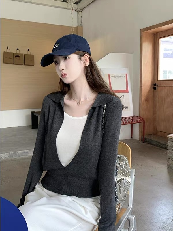 Pseudo-two U-neck shirts mixed colors tops for women