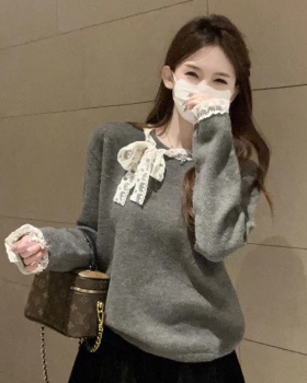 Pullover round neck sweater splice bow tops for women