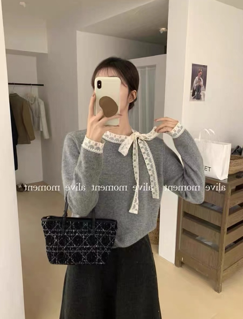 Pullover round neck sweater splice bow tops for women