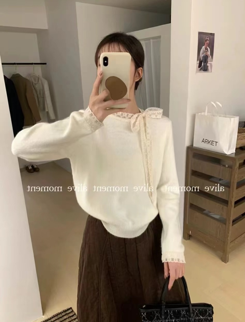 Pullover round neck sweater splice bow tops for women
