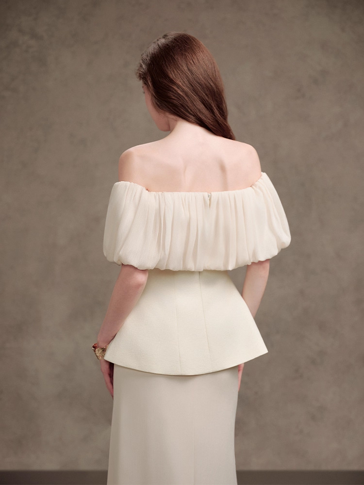Summer horizontal collar ladies white tops 2pcs set