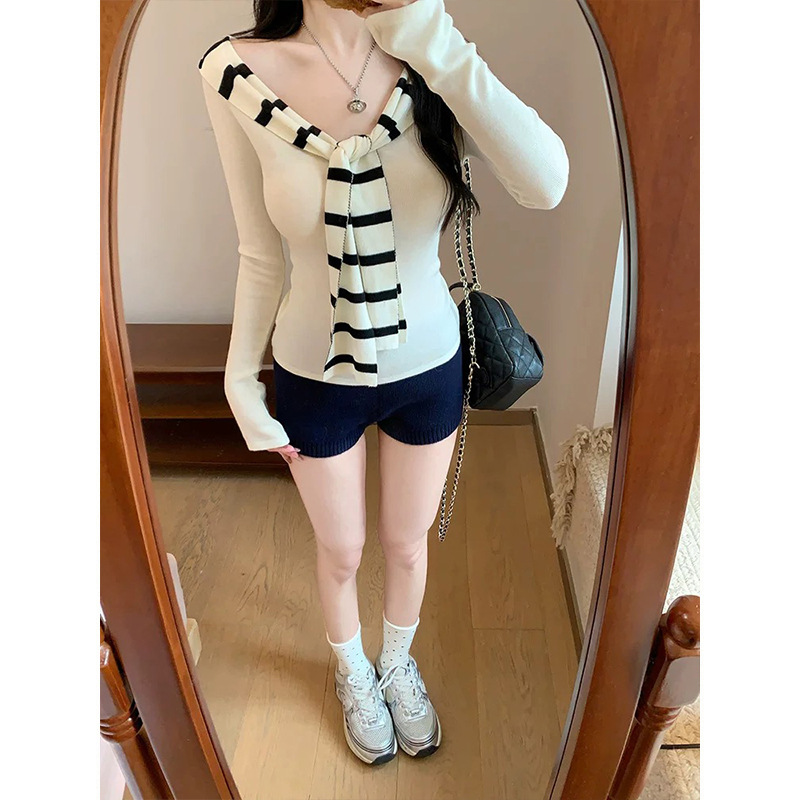 Korean style horizontal collar knitted shawl