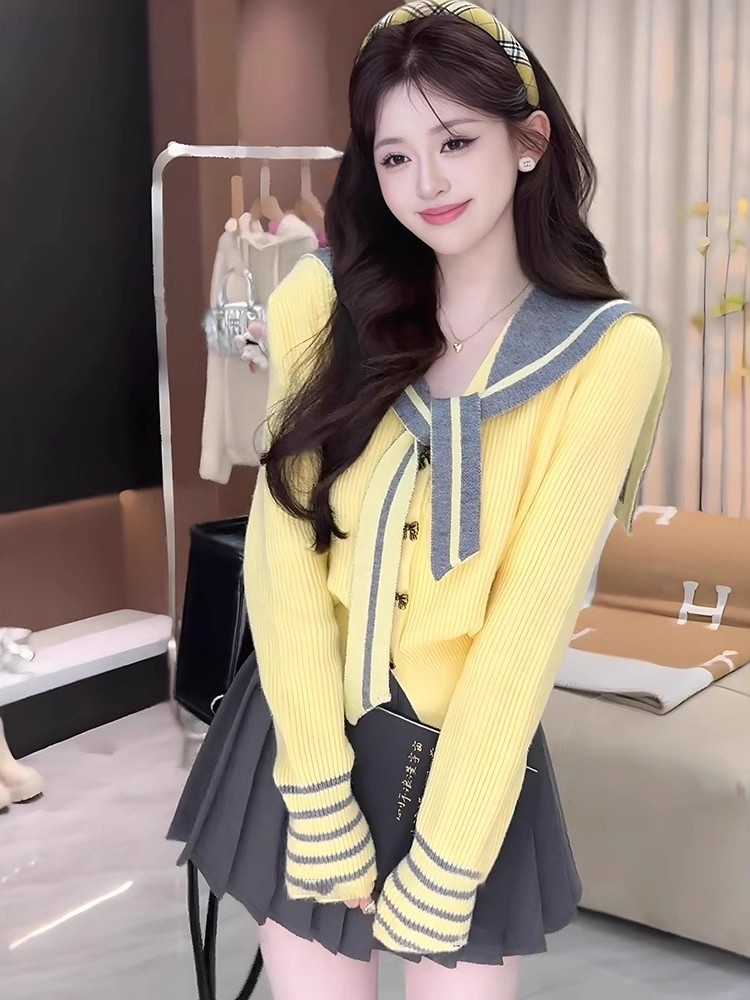 Knitted sweet sweater yellow spring and autumn coat for women