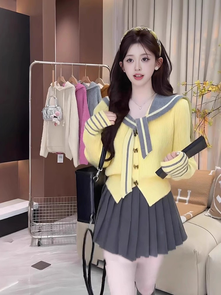 Knitted sweet sweater yellow spring and autumn coat for women