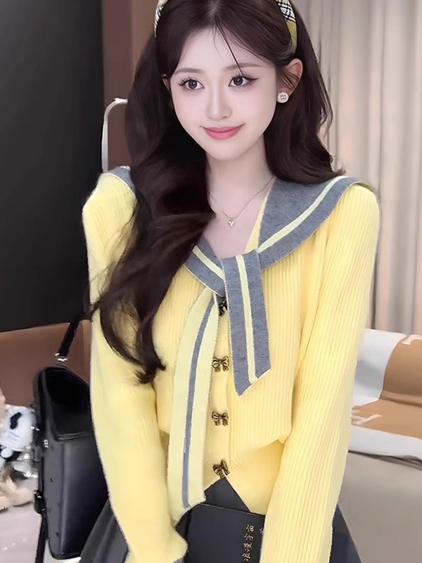 Knitted sweet sweater yellow spring and autumn coat for women