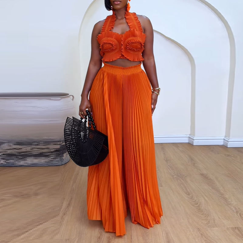 European style halter wide leg pants a set