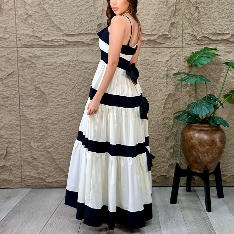 Fashion stripe big skirt mixed colors dress for women