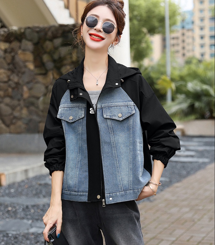 Hooded fashion mixed colors tops denim Casual coat