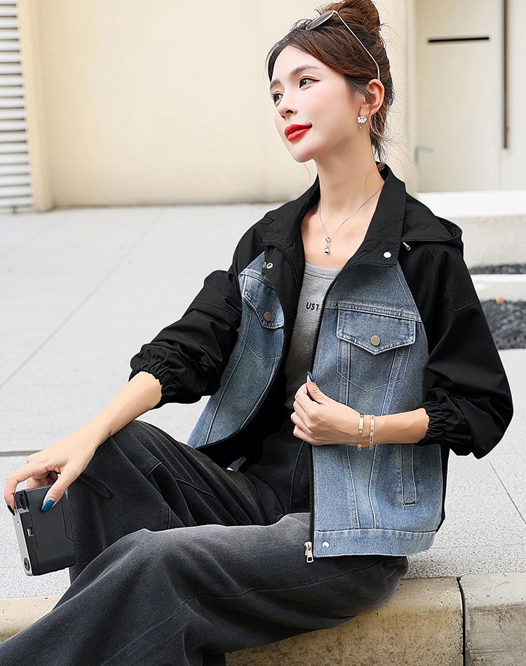 Hooded fashion mixed colors tops denim Casual coat