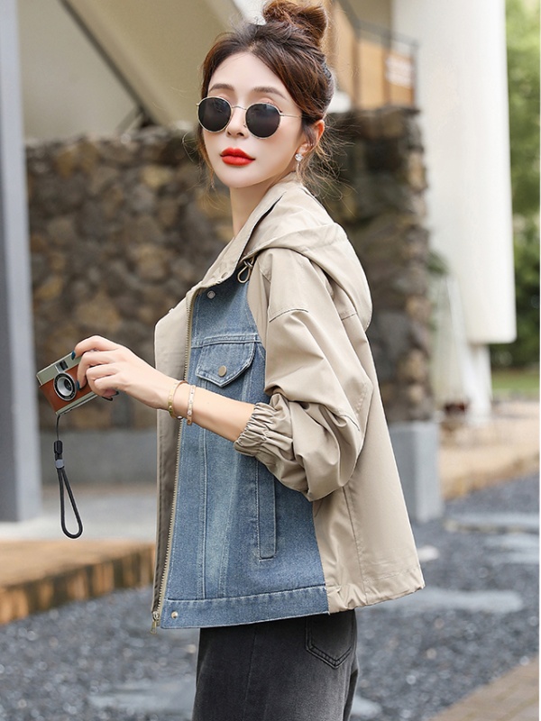 Hooded fashion mixed colors tops denim Casual coat