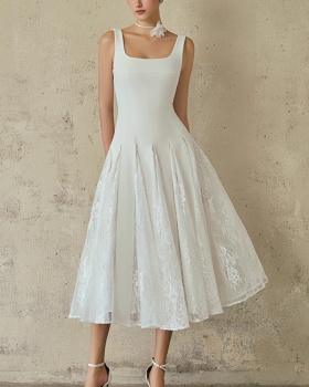 White slim not sling pinched waist lady dress for women