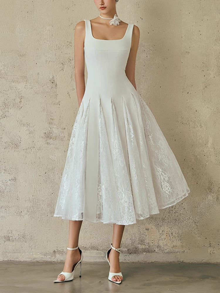 White slim not sling pinched waist lady dress for women