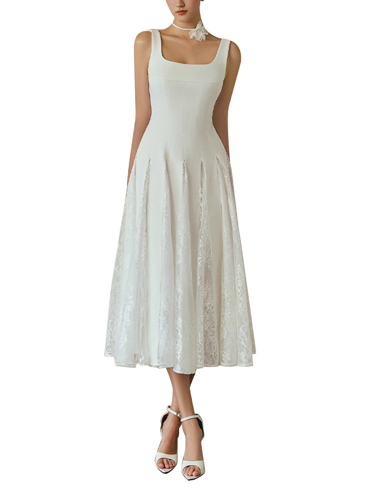 White slim not sling pinched waist lady dress for women