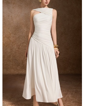 Sleeveless long summer niche white crimp slim dress for women
