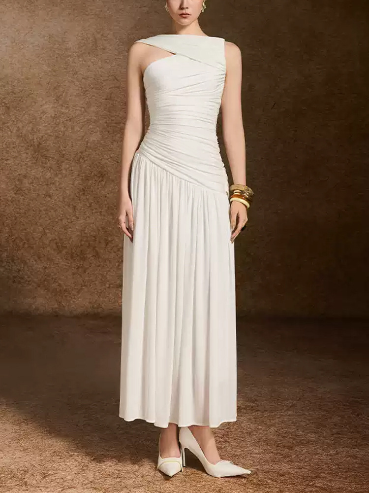 Sleeveless long summer niche white crimp slim dress for women