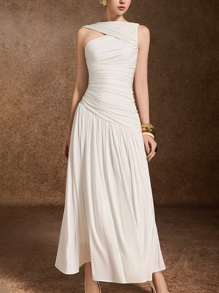 Sleeveless long summer niche white crimp slim dress for women